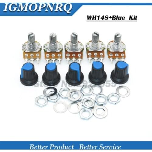 9PCS WH148 Conical Rotary Potentiometer with Blue Knob Cover B1K~B1M 1K 2K 5K B10K 20K 50K 100K 500K 1M Ohm AG2 new