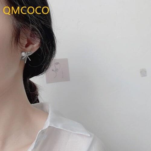 QMCOCO 925 Silver Bowknot Pearl Stud For Girl Summer Exquisite Zircon Earrings For 2021 New Style INS Trend Ears Accessorize