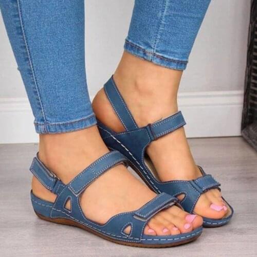 Womens Summer Flat Sandals Womens Ladies Vintage Open Toe Solid Wedges Causal Shoes Outdoor Beach Sandals Chaussure Femme