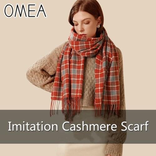 OMEA Plaid Scarf Women 2020 New Style for Winter Cashmere Shawl with Tassel Warm Knitted Red Scarf Mask for Face Fashion Luxury