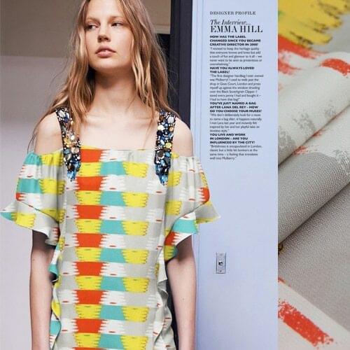 Pure mulberry silk crepe de chine fabric--100% silk fabric, graphic print in orange, blue, yellow for top, dress,shirt by yard