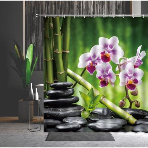 Zen Stone Shower Curtain Flower Green Bamboo 3D Printing Waterproof Bathtub Partition Decor With Hook Buddha Bathroom Curtains