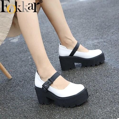 EOKKAR 2021 Lolita Gothic Mary Janes for Women Platform Chunky Heel Pumps Block High Heels Women Pumps Punk Mary Janes