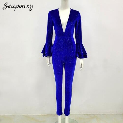 High Quality 2021 Summer New Bodycon Sequined Jumpsuit Elegant WomenS Sexy Flared Sleeves V-Neck Blue High Street Jumpsuit
