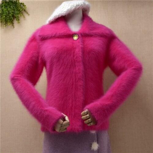 Ladies women fashion hairy plush mink cashmere knitted long sleeves turn-down neck slim cardigans sweater angora fur jacket coat