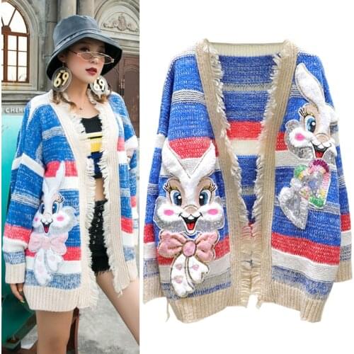Womens striped oversized cardigan cartoon sequins animal tassel closure knit kawaii sweater loose long sleeve autumn clothe coat