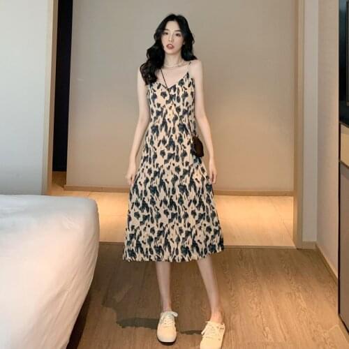 Womens Dress Summer 2021 Sexy Sling Leopard Print Boho Beach Dress Sleeveless A-line Mini Dress Wrap Skirt Summer Robe
