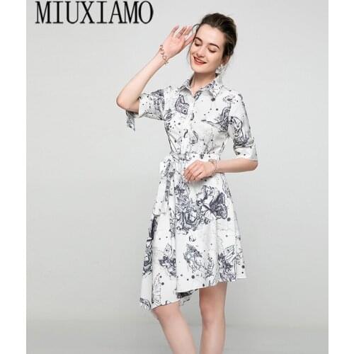 MIUXIMAO 2021 Summer new style ink painting print retro elegant irregular high waist belt dress Ladies Elegant Dress