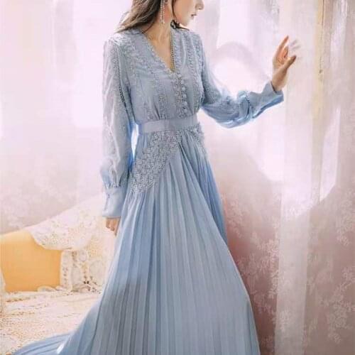 Sexy V-neck High Waist Embroidered Lace Chiffon Dress Spring 2021 Korean New Blue Long Sleeve Temperament Pleated Fair Dresses