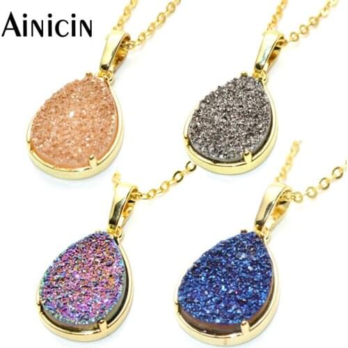 1pc Gold Palting Natural Drusy Crystal Pendants Semi-precious Stone Water Drop 18'' Chain Necklace For Women Party Jewelry