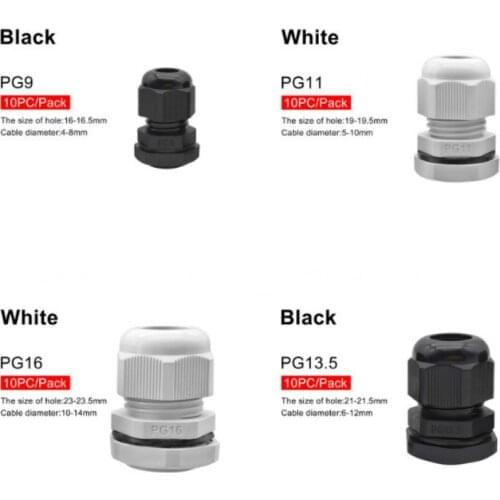 10pcs White Black Nylon Plastic Connector Waterproof Cable Gland Cable entry PG7 PG9 PG11 PG13.5 PG16