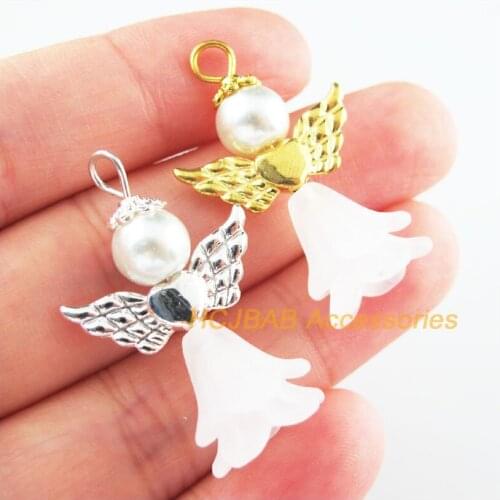 10Pcs Retro Gold Silver Plated White Acrylic Angel Charms Pendants 21.5x33mm