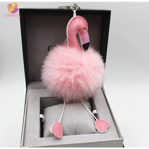 2017 Hot Sell Pompom Flamingo Keychain Lovely Key Chain Animal Bird Fluffy Artificial Rabbit Fur Ball Women Car Bag Key Ring
