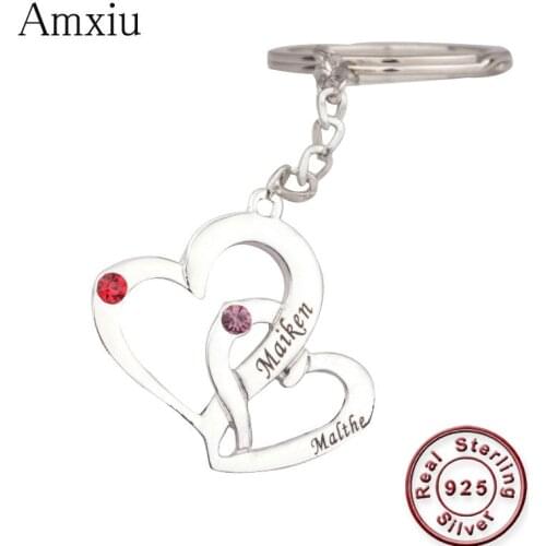 Amxiu Custom 925 Sterling Silver Heart Keychains Engrave Two Names Key Chains For Women Lovers Birthday Party Gifts Accessories