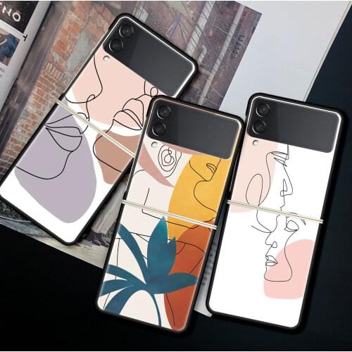 For Samsung Galaxy Z Flip 3 5G Case Luxury Matte Black Hard Phone Cover ZFlip 3 Shockproof Fundas Shell Abstract Women Face Line