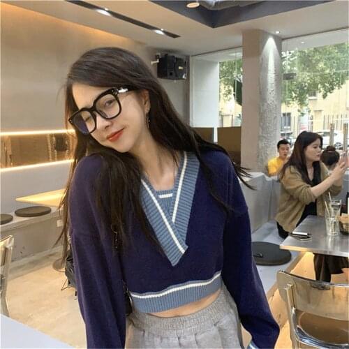 Black Ladies Full Sleeve Women Knitting Sweater Pullover Jumper Loose Cute Solid Crop Topd Funny High Street Sweater Women