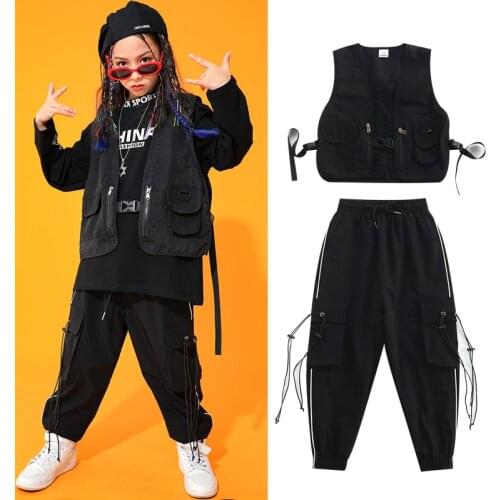 Children Ballroom Hip-Hop Street Dance Clothing Black Suit Vest Pants For Girls Modern Jazz Performance Wear Rave Costume BL5189