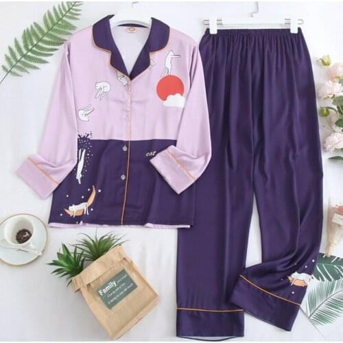 Purple Print 2PCS Ice Silk Pajamas Set Women Spring Summer New Sleepwear Turn-down Collar Shirt&Pant Nightwear Loose Home Wear