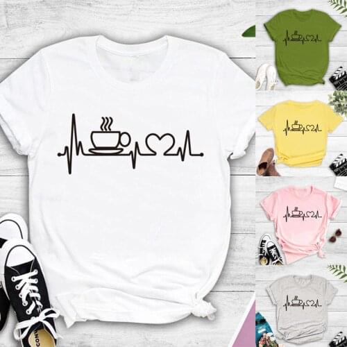 Short sleeve coffee ECG printing womens T-Shirt Top slim high T-shirt fashion temperament cotton clothing Oversized t-shirt