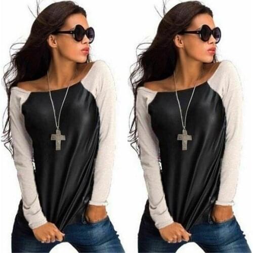Hirigin Fashion Womens T Shirt Long Sleeve Top T Shirt Summer Ladies Casual Loose PU Patchwork Regular Sleeve O-Neck T-Shirt