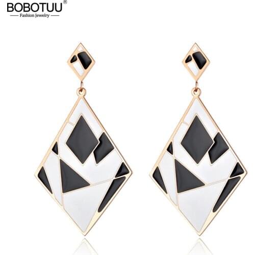 BOBOTUU OL Style Jewelry Big Rhombus Earrings Black/White Glaze Stitching Stainless Steel Rose Gold Hyperbole Earrings BE18096