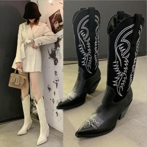 Western Cowboy Boots for Women Pointed Toe Womens Shoes Brand Embossing PU Leather Shoes Mid-calf Chunky Wedges Boot