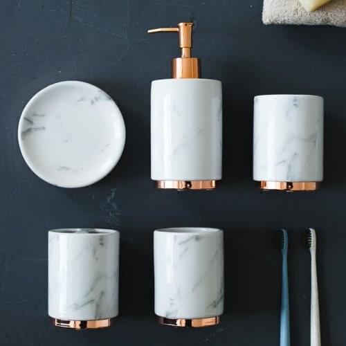 Marble Texture Ceramic Bathroom Accessories Tooth Brush Holder Ceramic Bathroom Sets Soap Dispenser Dish Lotion