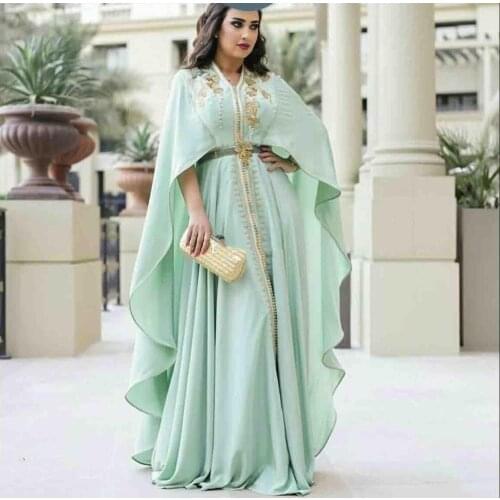 Mint Green Kaftan Evening Dresses Cape Long Sleeve With Gold Embroidery Lace Appliques Plus Size Muslim Arabic Dubai Prom Dress