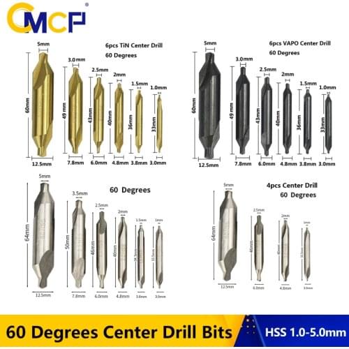 60 Degrees HSS Center Drill Bit Set 1mm 1.5mm 2mm 2.5mm 3mm 3.5mm 5.0mm Countersink Drill Bit TiN Coated Combined Center Drills