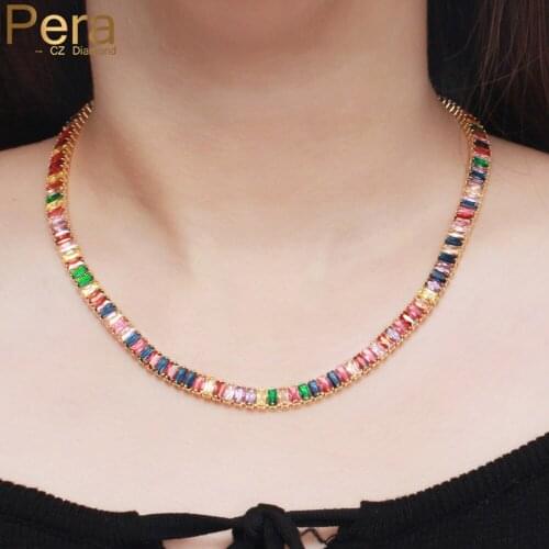 Pera Shining Multiple Rainbow CZ Rectangle Chain Link Yellow Gold Round Chocker Necklace for Women Bohemia Crystal Jewelry P023