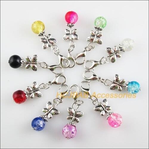 10Pcs Tibetan Silver Tone Butterfly Retro Mixed Shivering Glass 11x22mm With Lobster Claw Clasps Charms