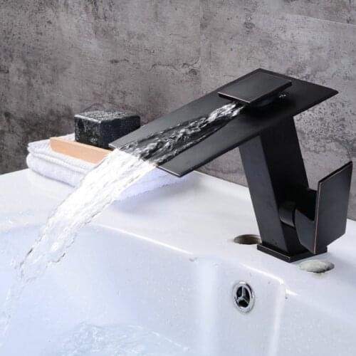 HOLO MUSEN High-end Single Handle Hot Cold Water Mixer Tap Luxury Basin Sink Tap Waterfall Black Bathroom Faucet