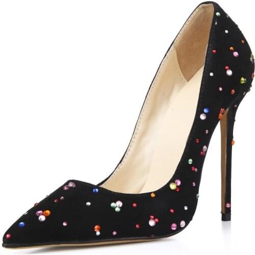 Christmas Gift Women Rhinestone Pumps 12CM High Heels Suede Women Heels Sexy Pointed Toe Wedding Shoes Chaussure Femme