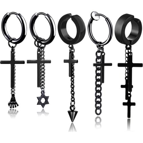 Clip On Ear Cuff Chain Earrings Cross Men Stainless Steel Long Chain Tassel Hoop Earring Women Jewelry No Piercing Hip Hop Punk