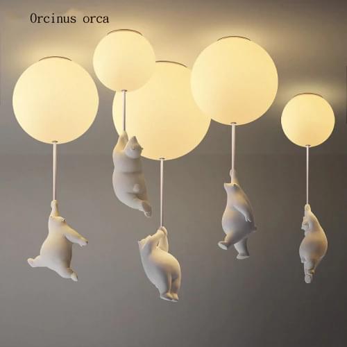Nordic minimalist white bear ceiling lamp boy girl bedroom childrens room lamp balloon romantic chandelier