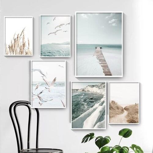 Nordic Nature Landscape Canvas Painting Sunlight Sea Beach Seagull Poster Art Print Photography Wall pictures For Room Decor