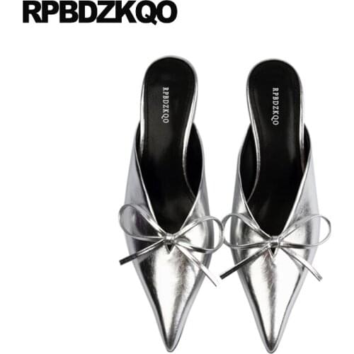 Ladies medium heels pumps luxury brand shoes women slingback gun color pointed toe size 4 34 kitten kawaii 33 silver high bow
