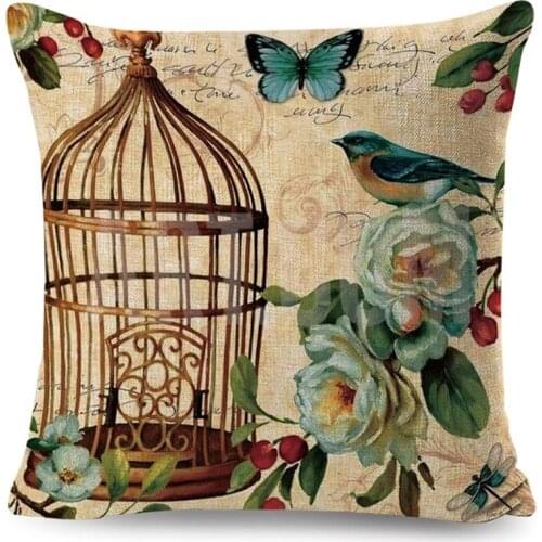 Europe Style Vintage Butterfly Flowers And Birds Pillow Case Decor Linen Cushion Cover for Sofa Home Car 45x45cm