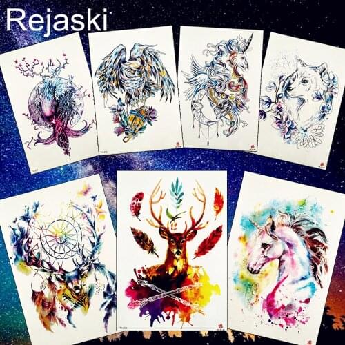 3D Owl Unicorn Fox Temporary Tattoo Sticker Dreamcatcher Elk Body Art Arm Watercolor Tattoo Flower Reindeer Horn Fake Tatoo