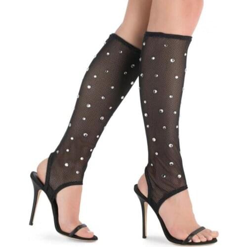 Ladies Sexy Black Mesh Crystal Full Drilled Peep Toe Socks Knee Boots Women Stiletto Heels Summer Boots Gladiator Stretch Boots