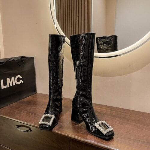 Women Knee Boots Fashion Chain Zipper Warm High Heel Winter Shoes Woman Long Boot Pointed Toe Daily Footwear Size 32-43