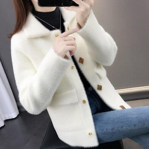 Imitation Mink velvet Sweater Women Jacket 2020 Spring Autumn lapel Long Sleeve Single-breasted Solid Short Knitted Sweater G239