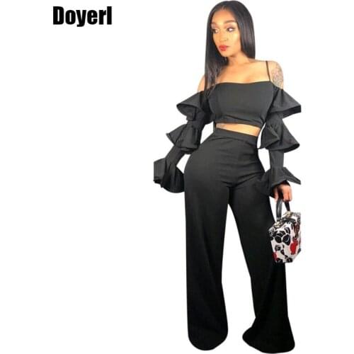 Sexy 2 Piece Set Women Clothing 2020 Party Club Outfits Long Flare Sleeve Crop Top Wide Leg Pants Set Two Piece Matching Sets