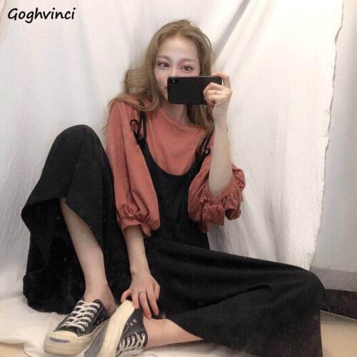 Women Sets Casual Korean Style Solid Simple Tees All-match Wide-leg Jumpsuits Thin Bandage Loose Chic Female Outfits New Spring