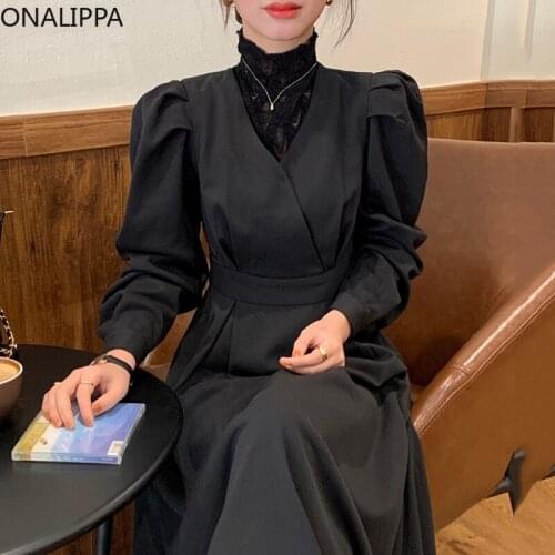 ONALIPPA Elegant Temperament Dress Female Retro Lace Stitching Half High Collar Fake Two-Piece Design Puff Sleeve Vestidos
