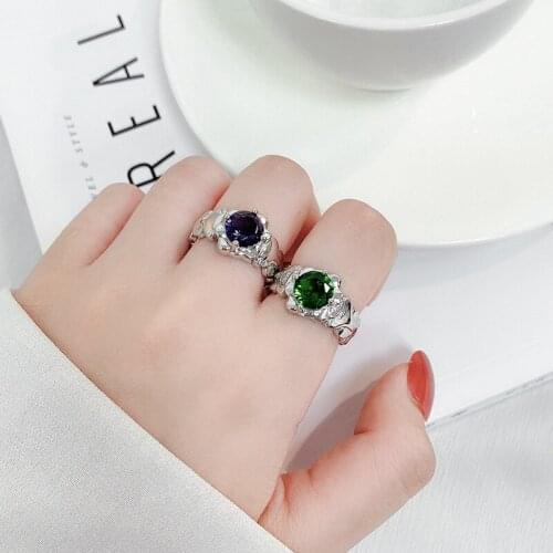Ins Trendy Simple Big Gem Shiny Rhinestone Purple Green Opening Adjustable Ring For Women Fashion Jewelry Gift