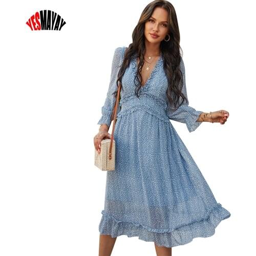 V-neck Sexy Summer Dress Women Fashion Chiffon Beach Long-sleeve Maxi Dresses Robe Boho Spring Evening Party Dress For Women