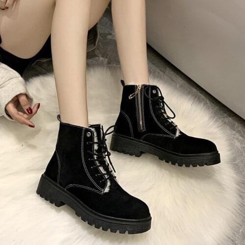 Winter 2021 New Suede-leather Strap Round Toe Side With Boots Ladies English Fashion Full Match Martin Boots Female