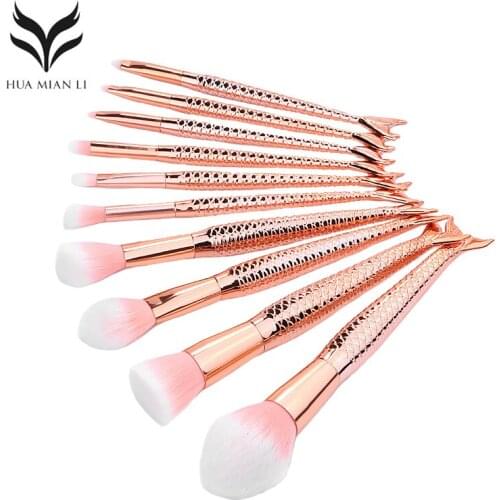 10Pcs Makeup Brushes Kit Professional Mermaid Shape Powder Foundation Brush Portable Fish Tail Contour Eyeshadow Cosmetic Tool