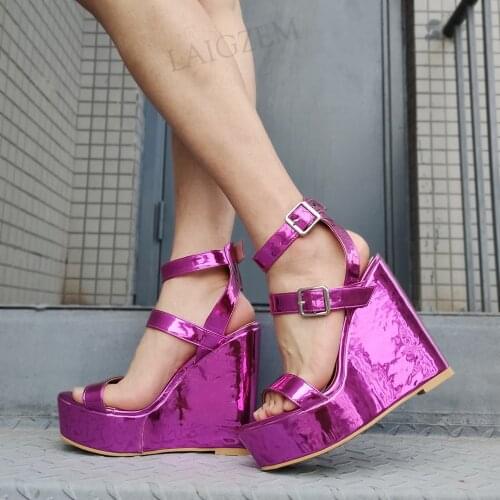 DOHBANERWomen Platform Wedges Sandals Buckle Straps Pumps Shiny Zapatos Party Ladies Female Shoes Woman Large Size 42 44 50 52